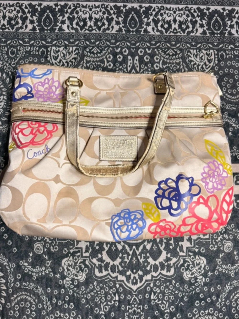 Coach Multicolor Floral Signature Tote with Gold Handles